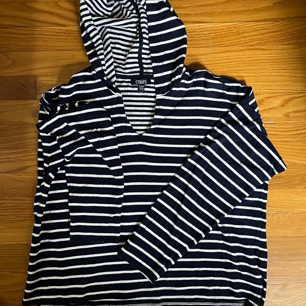 Chaps Preppy Nautical Navy & White Striped Hooded Sweatshirt Size XL